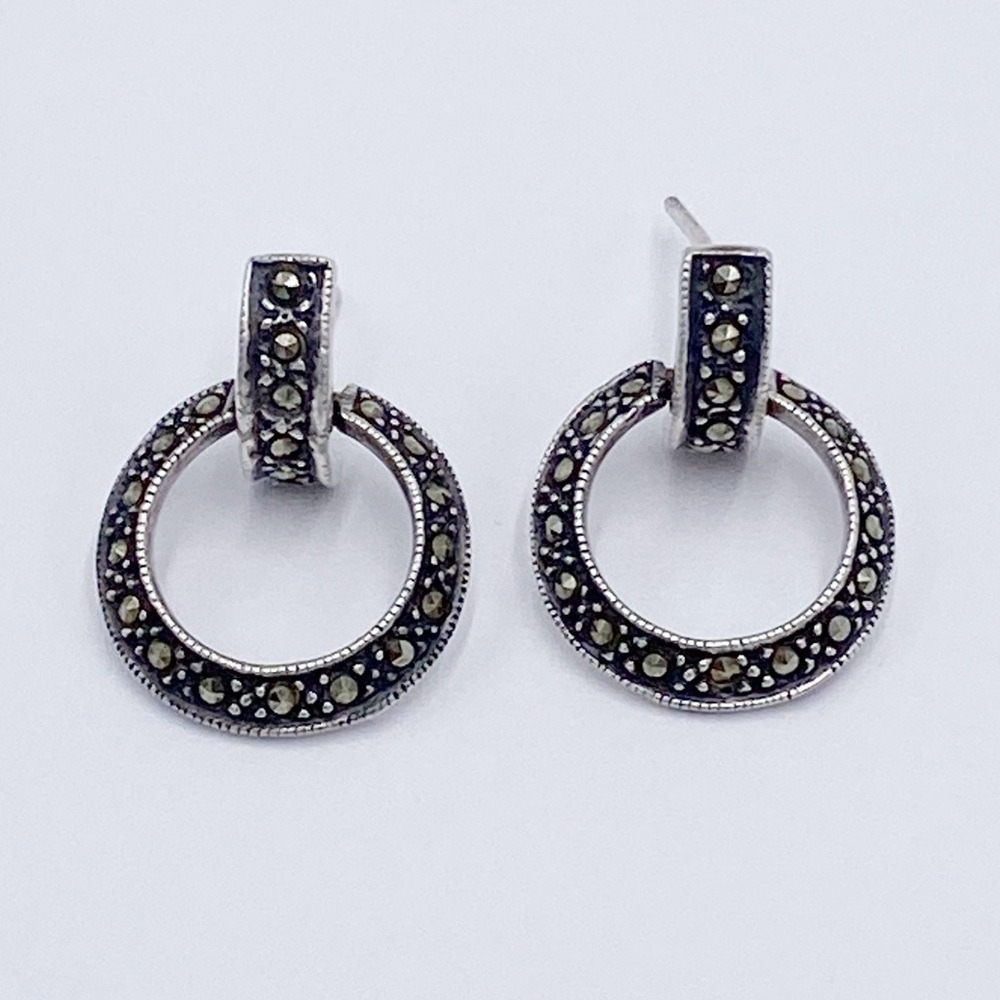Marcasite 925 Sterling Silver Open Circle Dangle Vintage Earrings